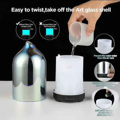 Essential Oil Diffuser Hand Blown Glass Aromatherapy Diffuser - Ultrasonic Cool Mist Scent Aroma Diffuser, Whisper Quiet with Auto Shut-Off, Timer Setting &7 Colors Night Light for Home