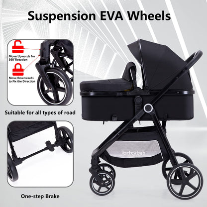 2-in-1 Baby Stroller with Bassinet Mode - Folding Infant Newborn Pram Stroller with Reversible Seat - Toddler Strollers for 0-36 Months Old Babies (Beige)