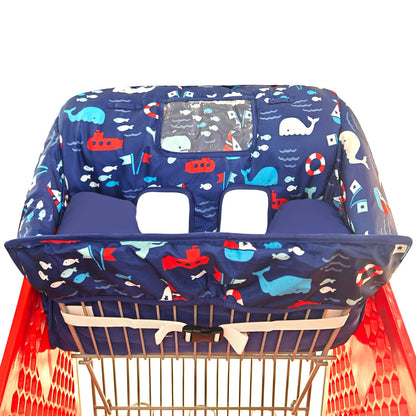 Soft Pillow Attached 2-in-1 Shopping Cart and High Chair Cover for Baby, Cotton Padded Cart Cover, Fold'n Roll Style, Portable with Carry Bag (Blue Elephant)
