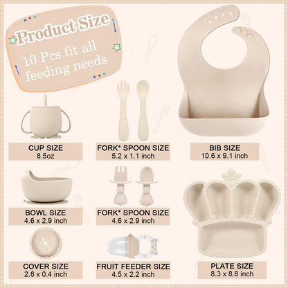 Silicone Baby Feeding Set 10 Pcs Baby Led Weaning Supplies Suction Bowl Divided Plate Baby Bibs Fruit Feeder Baby Spoons Forks Sippy Cup Toddler Utensil Sets Baby Essentials for Newborn Gift