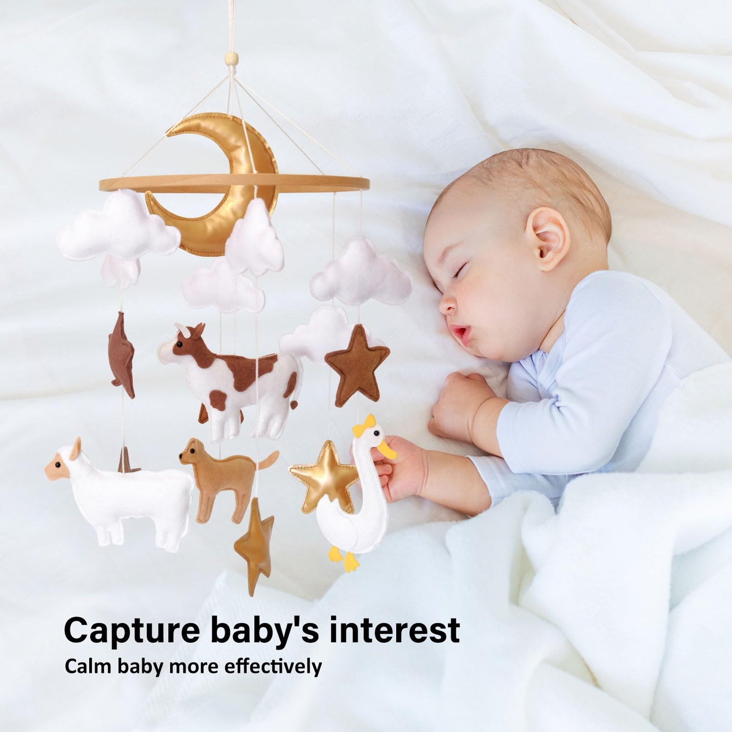 Farm Animals Baby Mobile, Mobile for Crib, Crib Mobile for Boys and Girls, Nursery Mobile for Bassinet, Pack and Play, Cows, Sheep, Golden Retriever, Goose, Moon