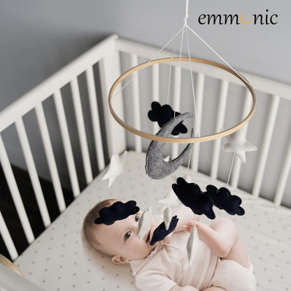 Baby Mobile for Crib - Handmade Modern Boho Baby Mobiles for Bassinet Felt Nursery Mobile Gender Neutral - Gold Moon and Stars - Girl Cribs Decorations