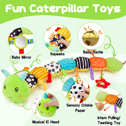Baby Sensory Toy 0-6 Month Music Animal Stuffed Plush Caterpillar Toy for Infant 0-3-6 Month Tummy Time with Baby Mirror Crinkle Rattle for 6-12 Month Carseat Toy for Newborn Boys Girls Shower Gifts