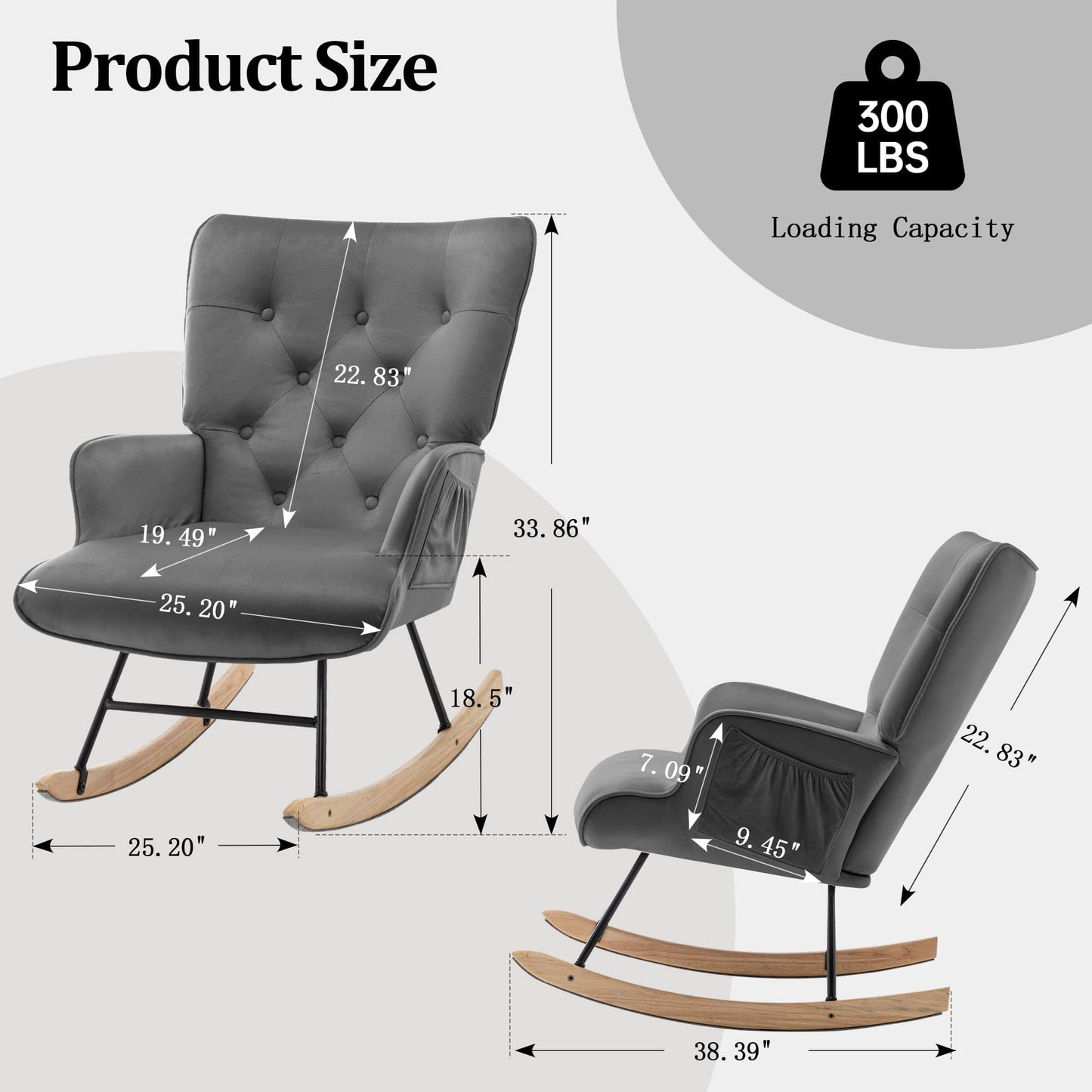 Rocking Chair for Nursery, Comfy Velvet Fabric Glider Rocker, Reading Chair with Support Seating and Side Pockets, Rocking Recliner Chair for Living Room, Bedroom, Balcony, Creamy Beige