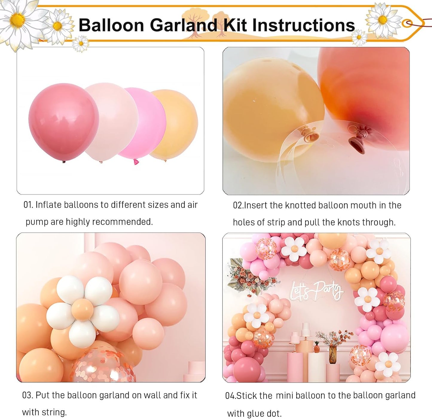 Daisy Balloon Garland Pink Blush Pastel Orange White Balloons with Flower Clips Rose Gold Confetti Balloon Arch Kit for Boho Daisy Baby Shower Party Decorations