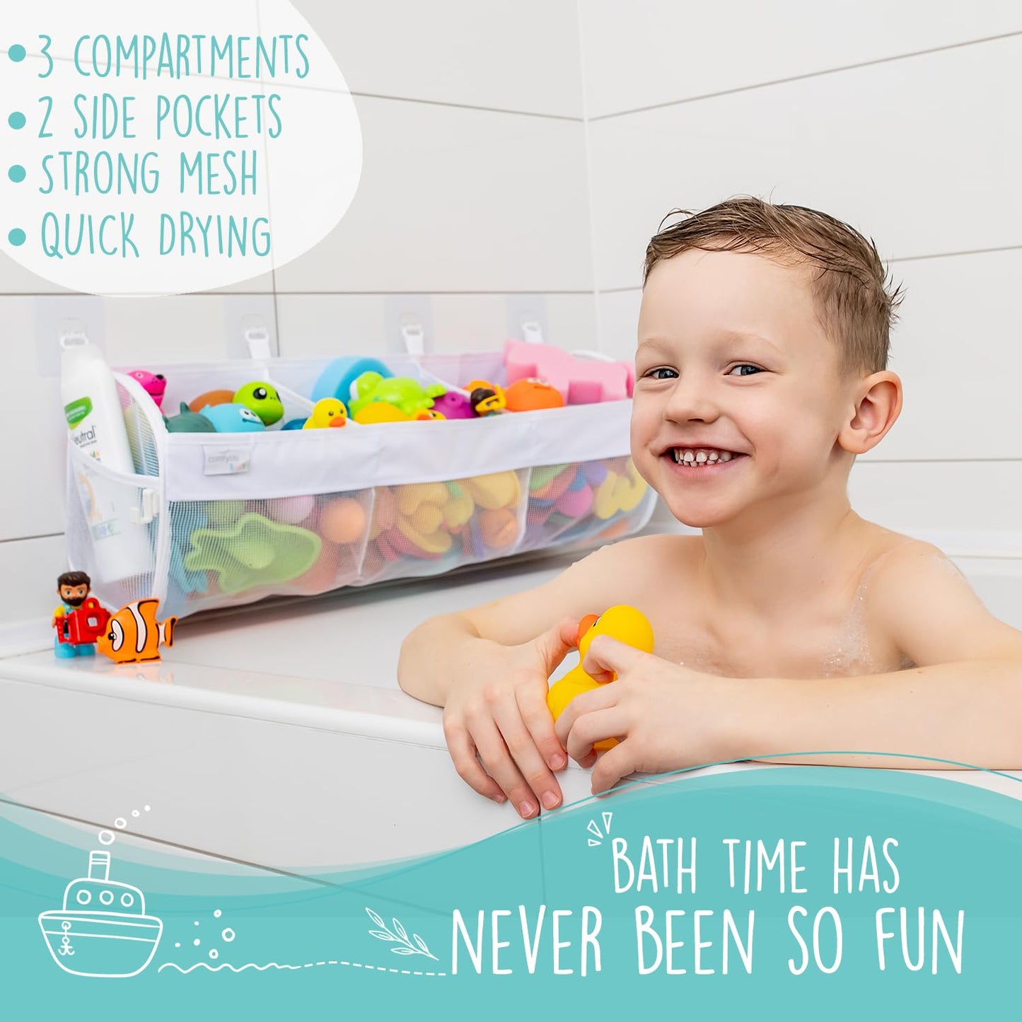 2 x Mesh Bath Toy Organizer + 8 Ultra Strong Hooks – The Perfect Bathtub Toy Holder & Bathroom or Shower Caddy – These Multi-use Net Bags Make Baby Bath Toy Storage Easy – For Kids & Toddlers