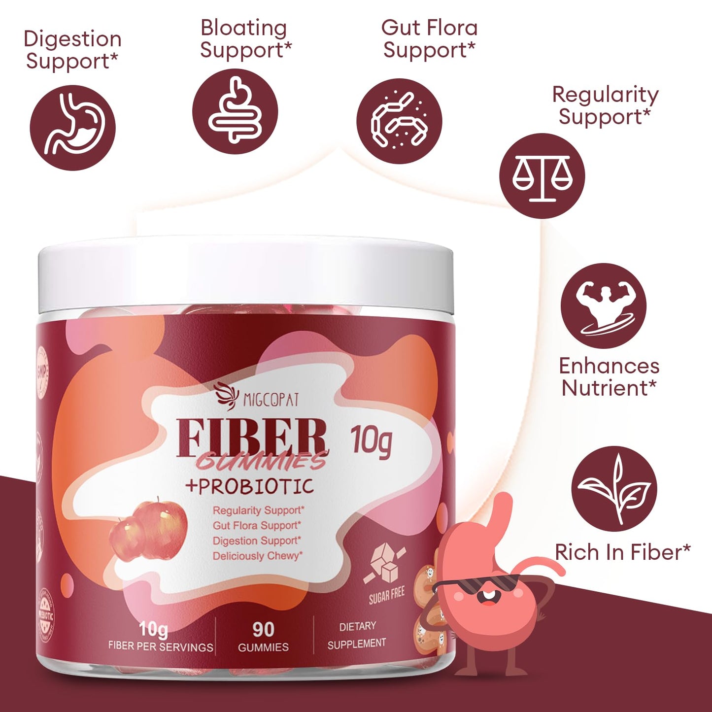 Migcopat Gomitas de fibra con probióticos, 0.35 onzas de fibra por porción, sin azúcar añadido, con mezcla de probióticos de 10 mil millones de UFC, vinagre de sidra de manzana, vitamina C, inulina,