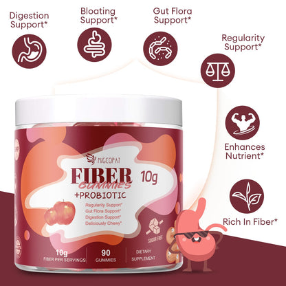 Migcopat Gomitas de fibra con probióticos, 0.35 onzas de fibra por porción, sin azúcar añadido, con mezcla de probióticos de 10 mil millones de UFC, vinagre de sidra de manzana, vitamina C, inulina,