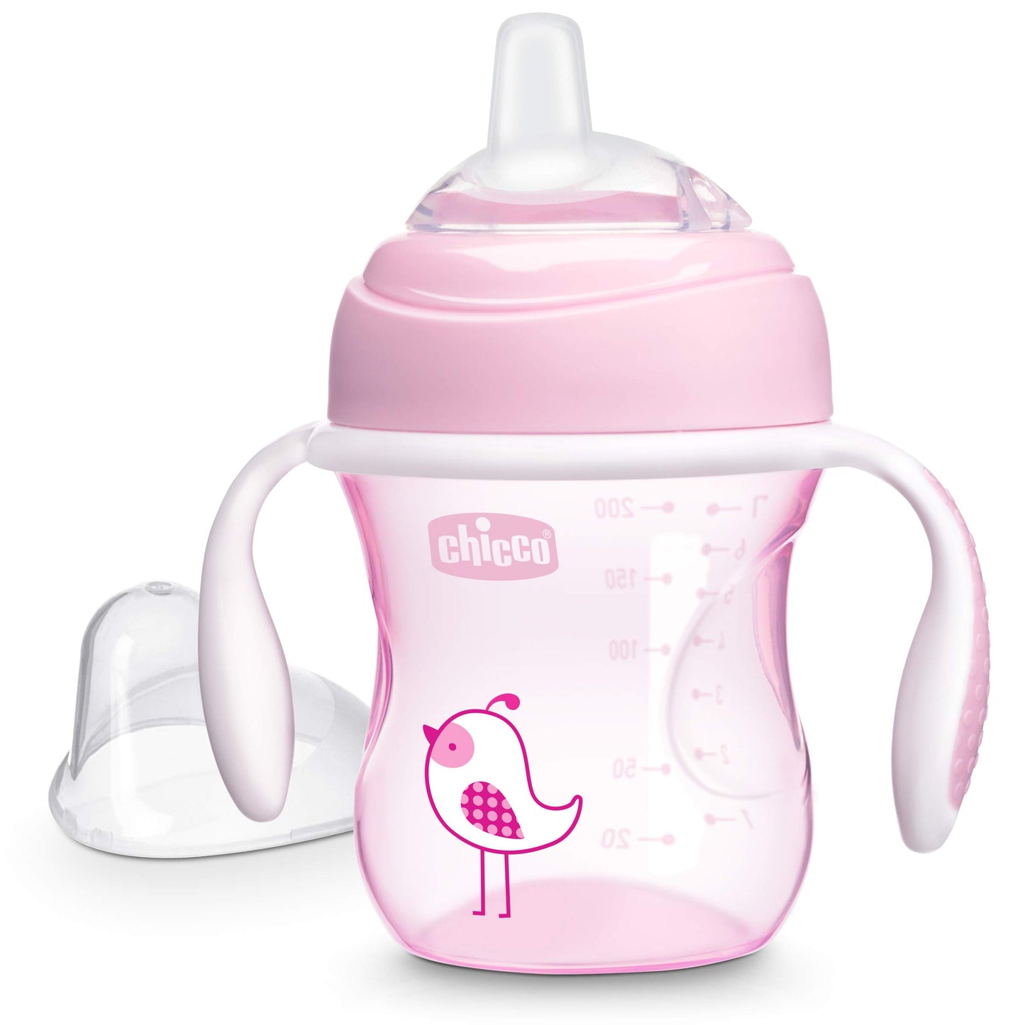 Chicco Transition Sippy Cup with Silicone Spout and Spill-Free Lid 7oz.| Calibration Markings | Removable Handles | Top-Rack Dishwasher Safe | Easy to Hold with Ergonomic Indents | Pink| 4+ Months