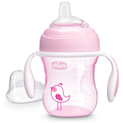 Chicco Transition Sippy Cup with Silicone Spout and Spill-Free Lid 7oz.| Calibration Markings | Removable Handles | Top-Rack Dishwasher Safe | Easy to Hold with Ergonomic Indents | Pink| 4+ Months
