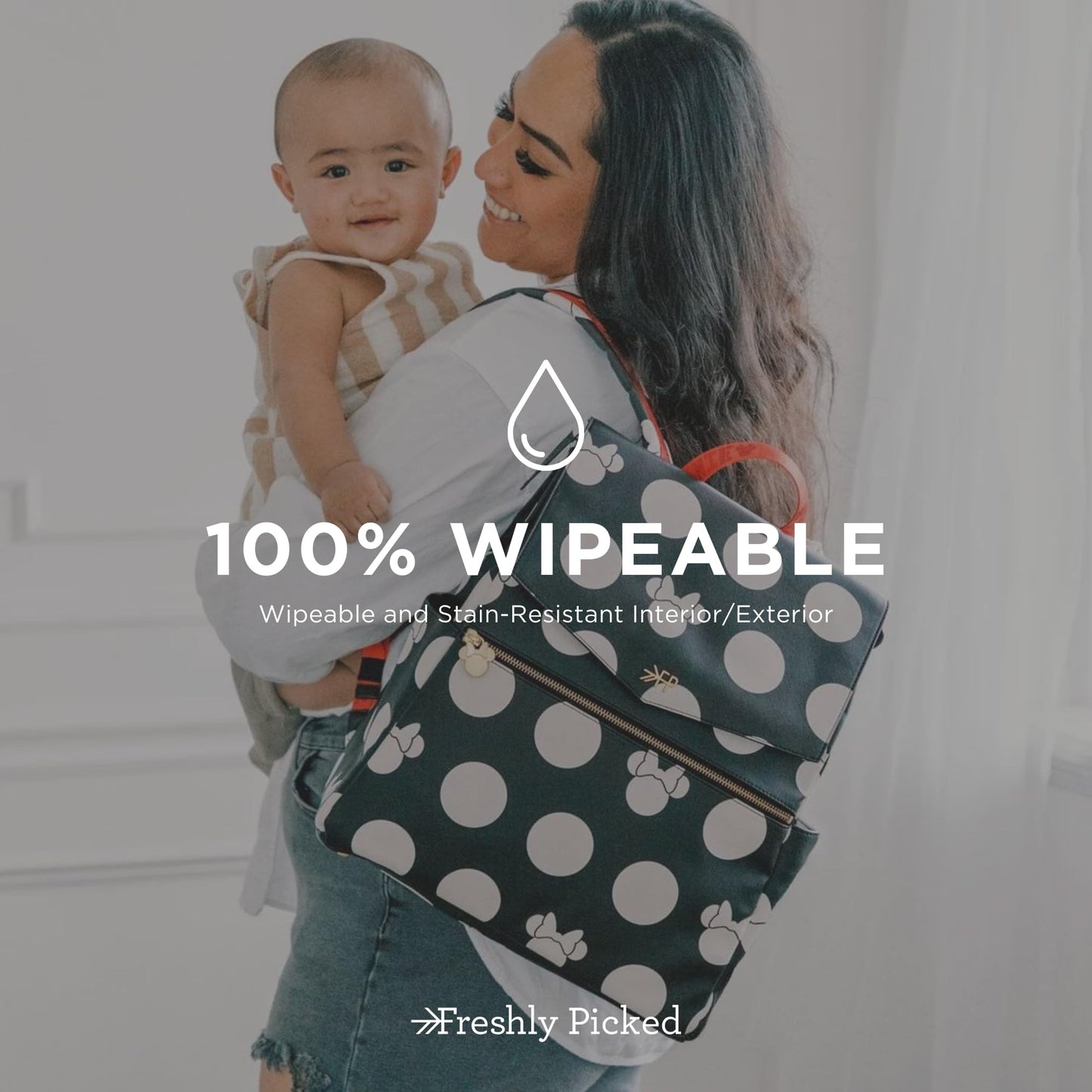 Freshly Picked Classic II Diaper Bag Backpack, Wipeable Vegan Leather With Changing Pad (Minnie Lots of Dots)