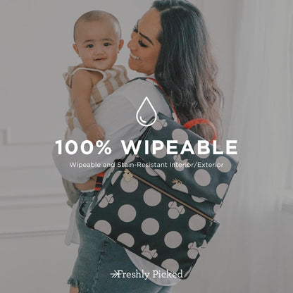 Freshly Picked Classic II Diaper Bag Backpack, Wipeable Vegan Leather With Changing Pad (Minnie Lots of Dots)