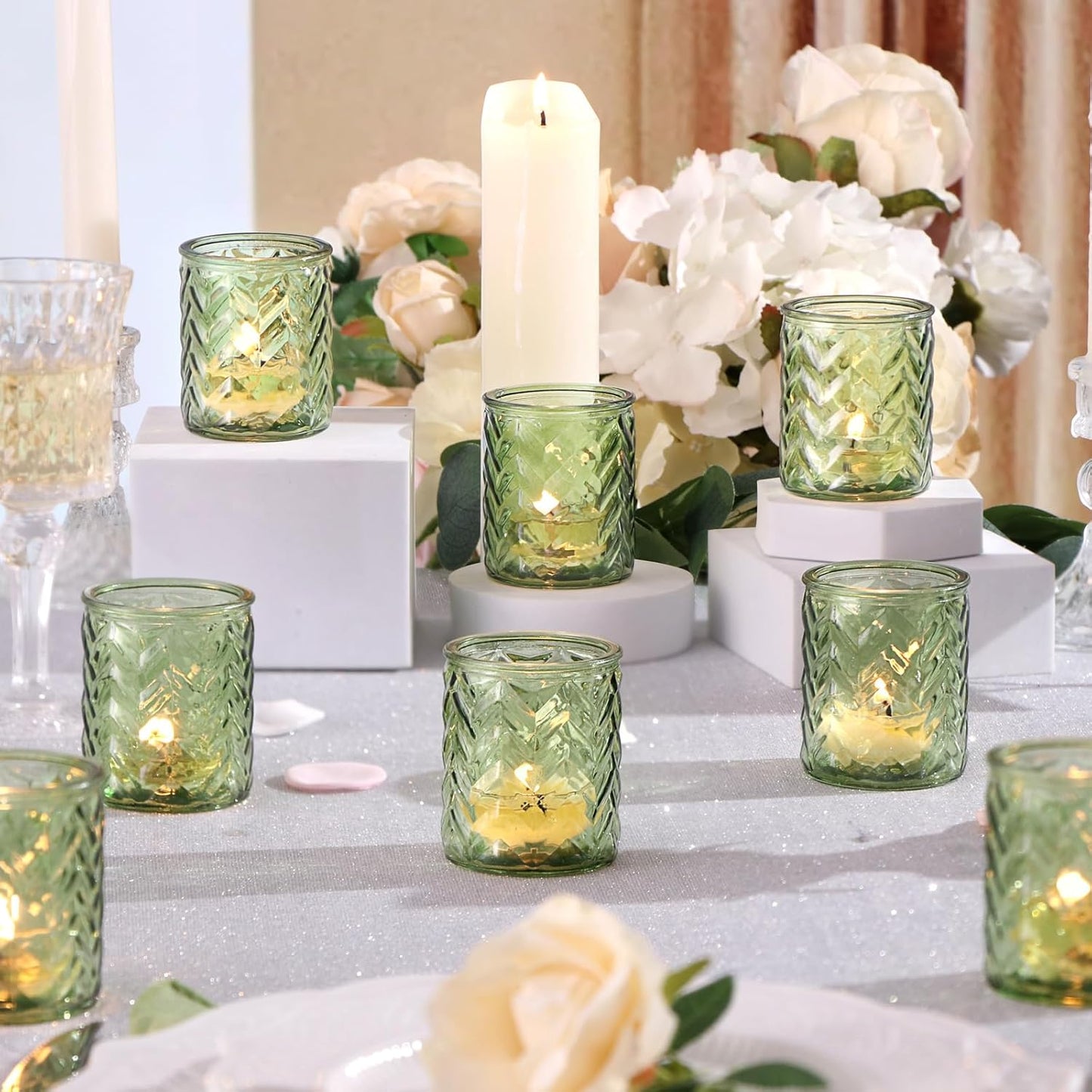 LAMORGIFT 12 PCS Blue Tealight Holders - Blue Votive Candle Holders for Wedding Party Decorations - Bulk for Wedding Reception, Bridal Shower, Baby Shower Party Decor