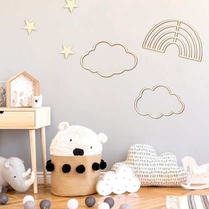 Kathfly4 Pieces Boho Nursery Cloud Star Wall Decor Wooden Babyroom Moon Rattan Wall Decor Wooden Rainbow for Children Baby Kids Boys Girls Bedroom Nursery Pendant(Cloud Moon Star)