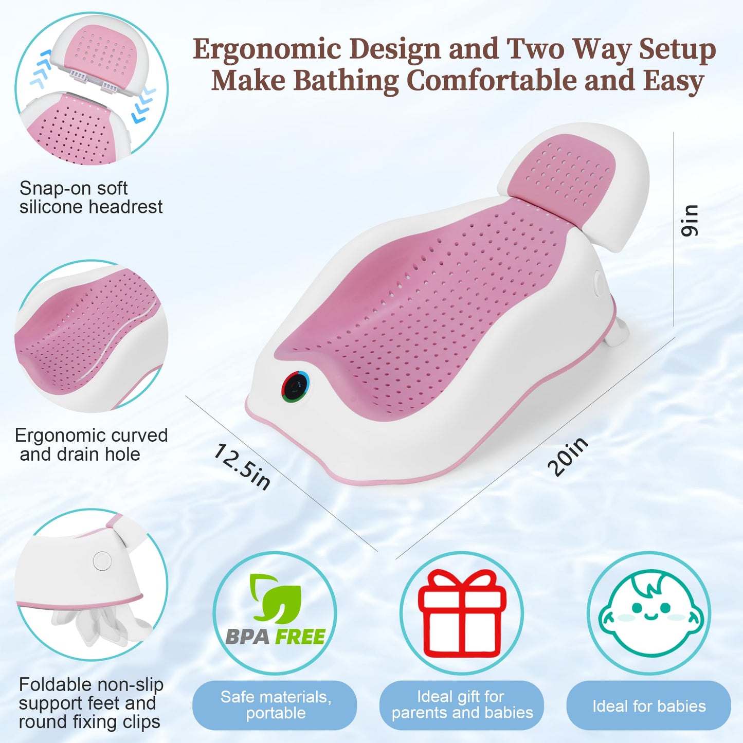 Baby Bath Support Newborn Bathtub with Thermometer,Foldable Baby Tubs for Newborns Baby Bathtub,Sink Baby Bath Tub for Newborn Tub Infant Bathtub Baby Bather,Baby Tub Baby Bath Essential (Pink White)