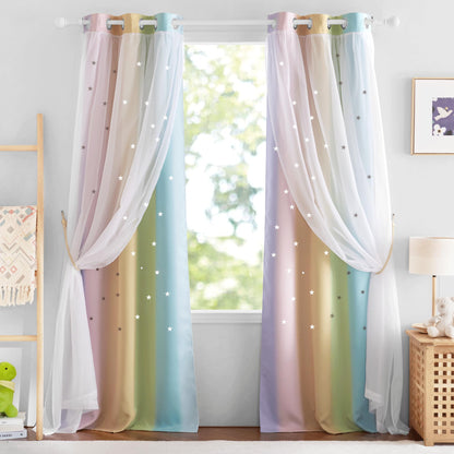 NICETOWN Nursery Curtains for Kids, Farmhouse Blackout Curtain Panels for Bedroom, Double Layer Star Hollow-Out Grommet Aesthetic Living Room Toddler Window Curtains, 2 Pcs, W52 x L84, Biscotti Beige