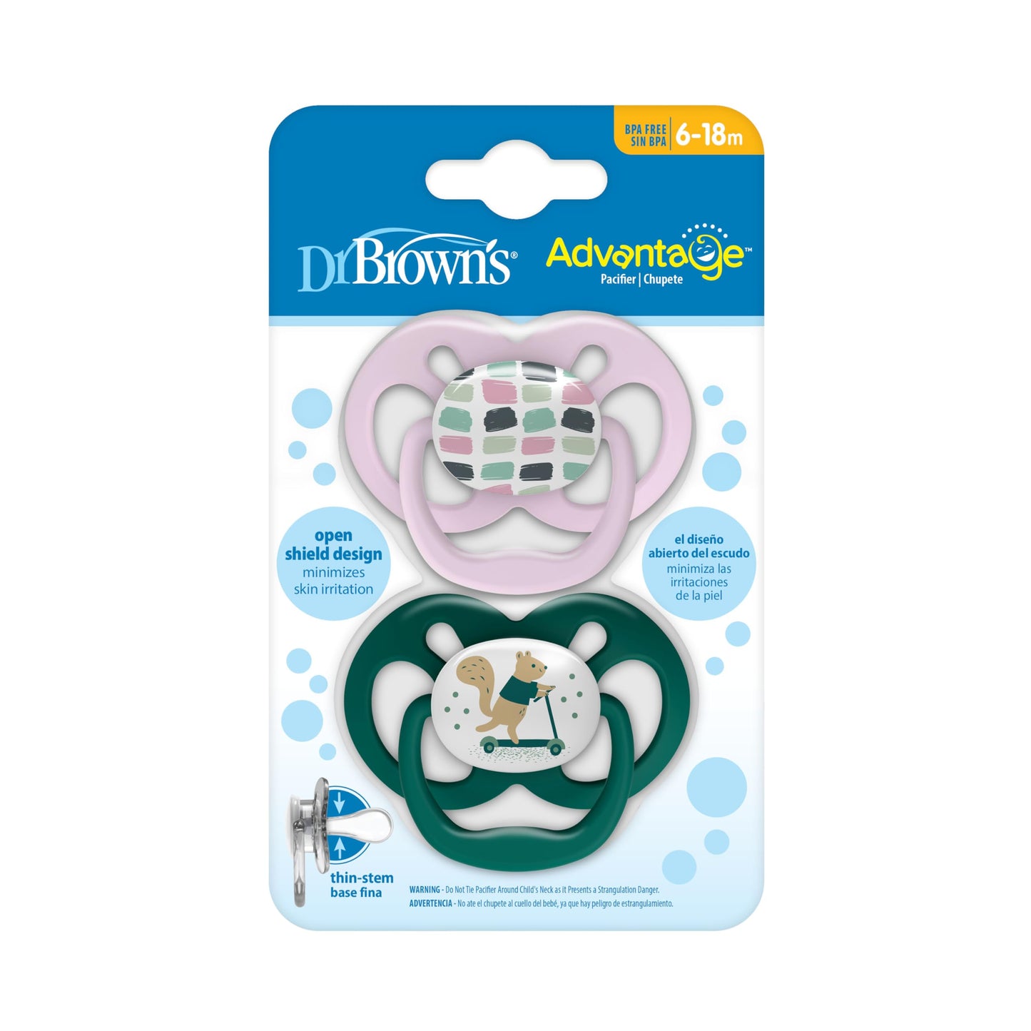 Dr. Brown's Advantage Glow-in-the-Dark Baby Pacifier, Fully Symmetrical Soother with Soft Silicone Bulb, Scooter Squirrel-Purple Nature, 6-18m, BPA Free, 4 Pack