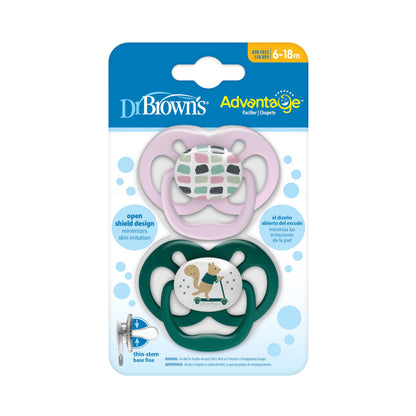 Dr. Brown's Advantage Glow-in-the-Dark Baby Pacifier, Fully Symmetrical Soother with Soft Silicone Bulb, Scooter Squirrel-Purple Nature, 6-18m, BPA Free, 4 Pack