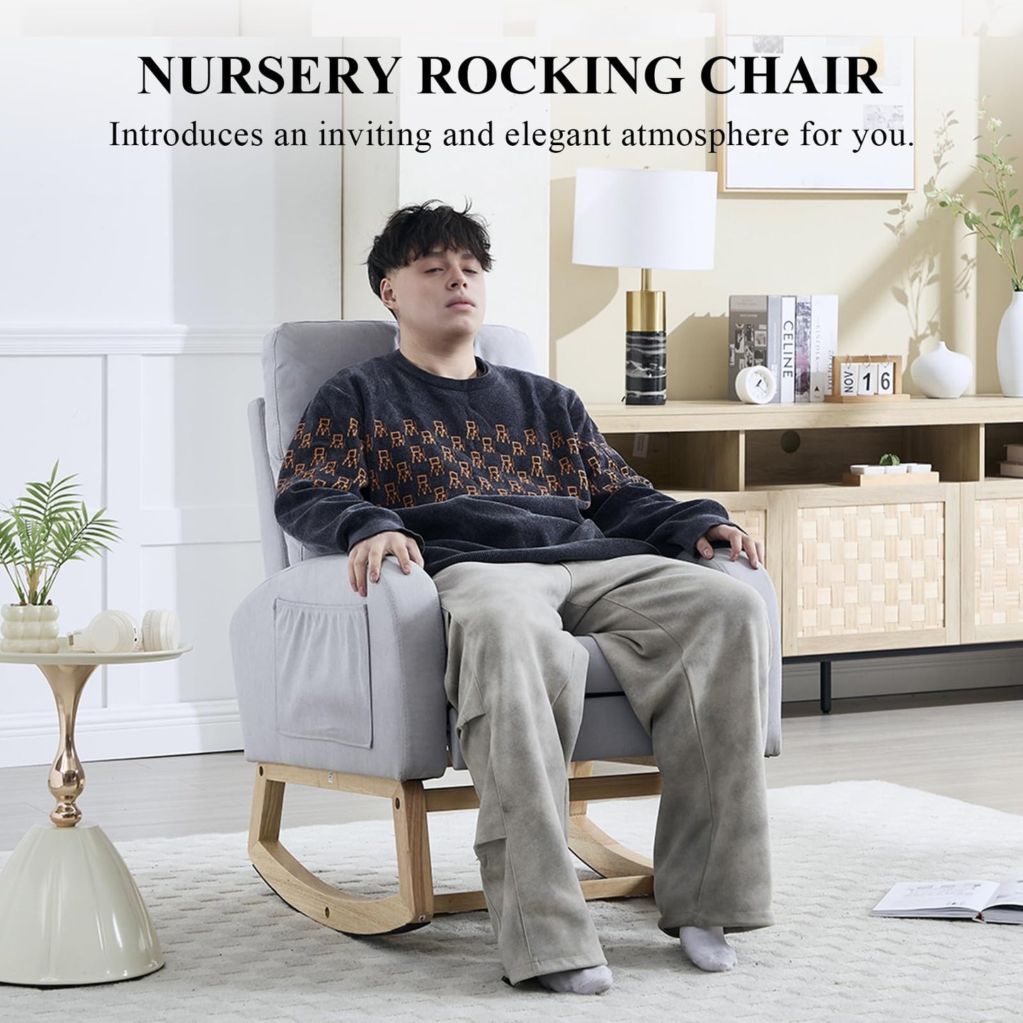 NIOIIKIT Modern Nursery Rocking Chair, Teddy Upholstered Rocking Chair with Footrest, Comfortable Glider Rocker with Side Pocket for Living Room, Bedroom, Nursing Room (Beige)