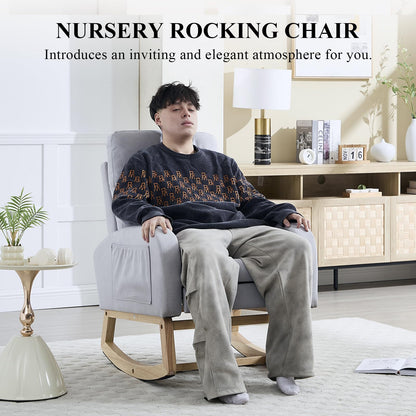 NIOIIKIT Modern Nursery Rocking Chair, Teddy Upholstered Rocking Chair with Footrest, Comfortable Glider Rocker with Side Pocket for Living Room, Bedroom, Nursing Room (Beige)