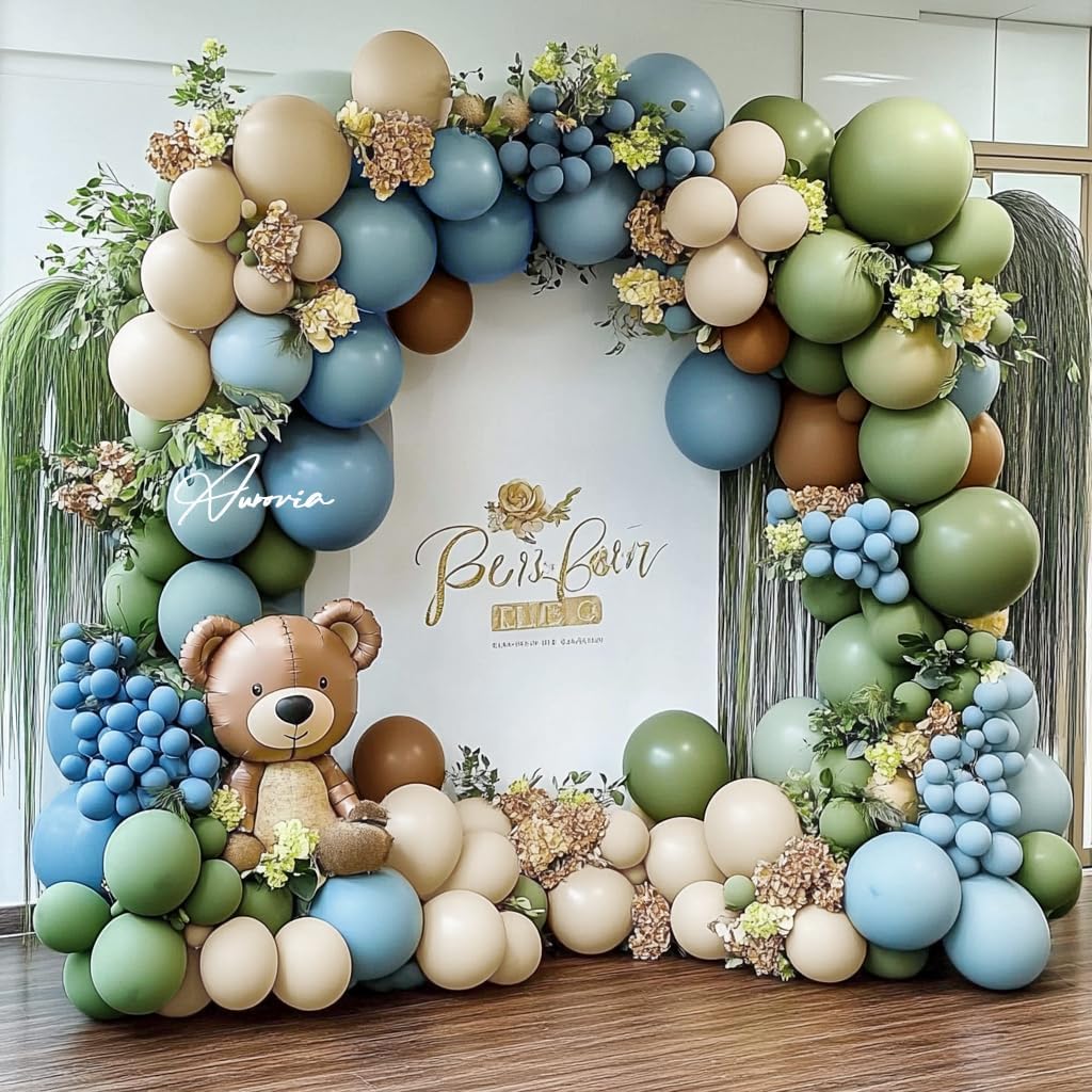Blue Green Brown Balloon Garland Double Stuffed Dusty Blue Sage Green Balloons Olive White Sand Latex Balloon Arch Kit for Bear Baby Shower Birthday Woodland Wild One Party Decorations