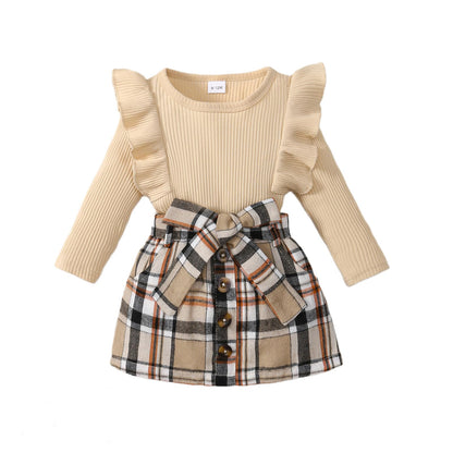 Noubeau Toddler Baby Girls Plaid Outfits Knit Ribbed Sweatshirt Shirt Tops Red Plaid Belt Skirt Fall Winter Clothes