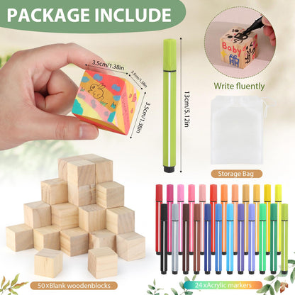 Baby Shower Games Sign Kit with 50 Blank Wooden Baby Blocks, 24 Acrylic Paint Marker and Wooden Sign, Blocks for Baby Shower, Gender Reveals Party(Green)