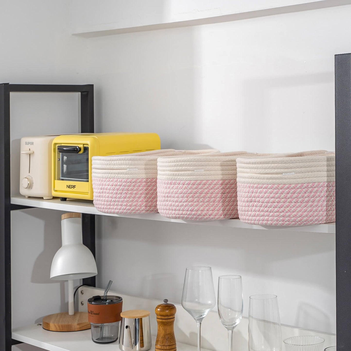 CubesLand Off White Small Storage Baskets for Shelves, Closet Organization Storage Bins Empty Gift Basket Baby Nursery Woven Baskets for Organizing, Rectangular Clothes Closet Shelves Baskets 3 Packs