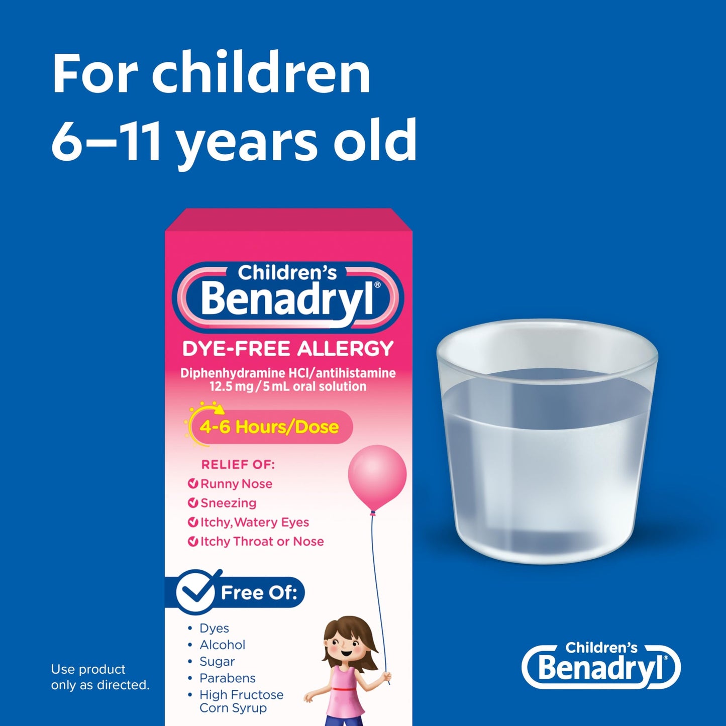 Benadryl Children's Dye-Free Allergy Relief Liquid + 12.5 mg Diphenhydramine HCl, Antihistamine Allergy Medicine for Kids Helps Relieve Runny Nose & Sneezing, Bubble Gum Flavor, 8 fl. oz