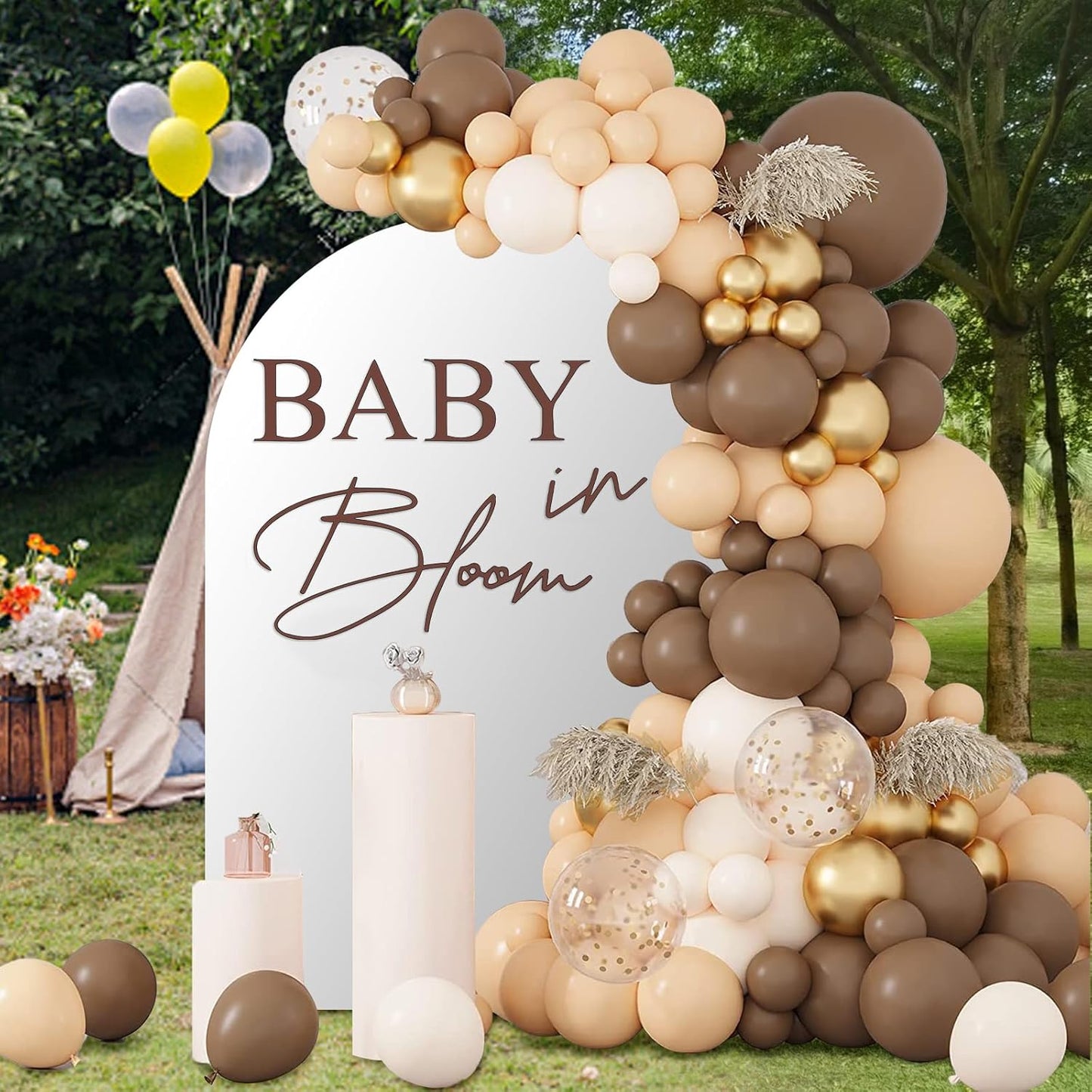 Baby in Bloom Decal Sign 21 x 30 inch Baby Shower Sign-Boy or Girl Shower Gender Reveal Birthday Balloon Arch,Pregnancy Wall Decoration(Brown)