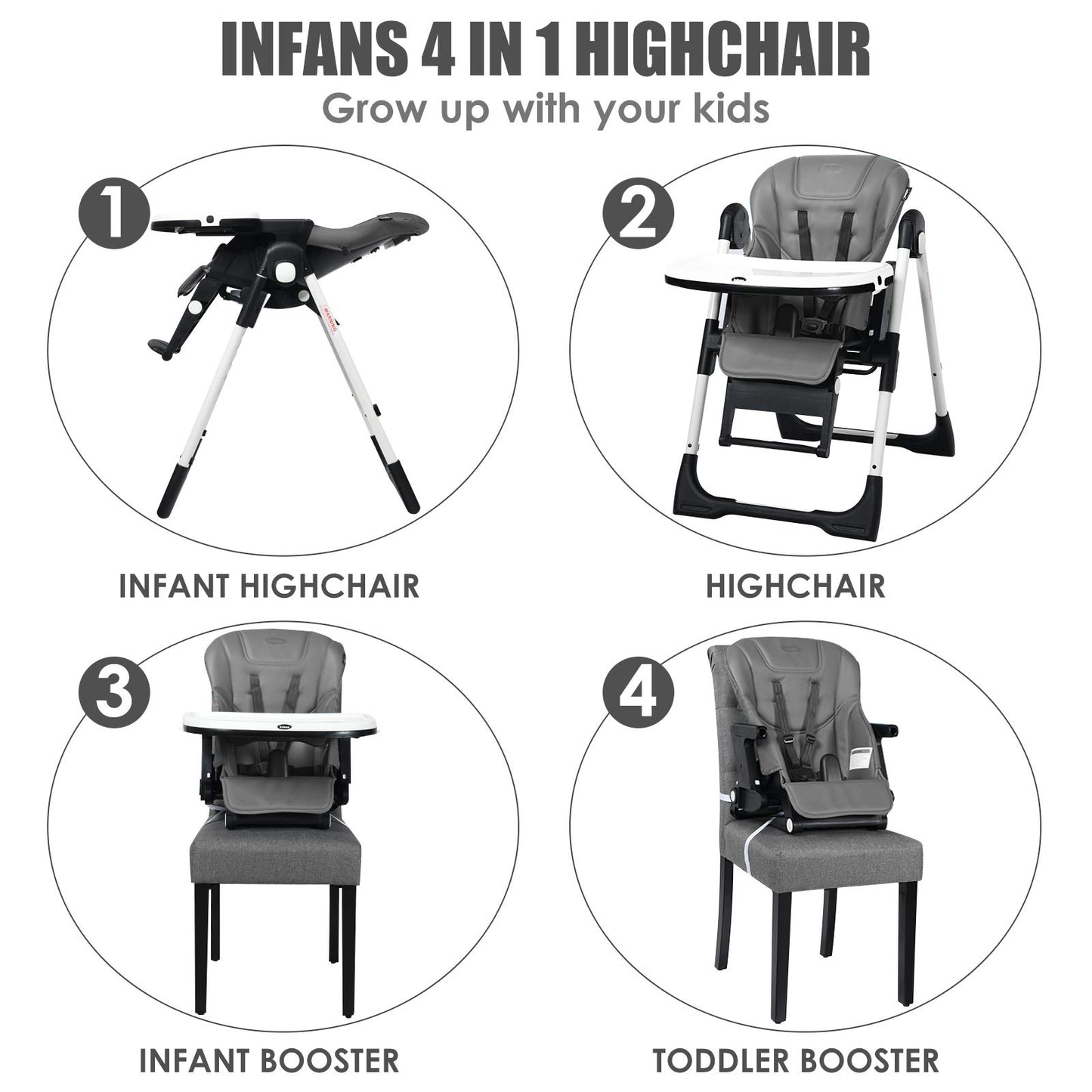 INFANS High Chair for Babies & Toddlers, Foldable Highchair with Multiple Adjustable Backrest, Footrest and Seat Height, Removable Tray, Detachable PU Leather Cushion, Built-in Rear Wheels (Black)