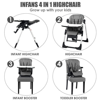 INFANS High Chair for Babies & Toddlers, Foldable Highchair with Multiple Adjustable Backrest, Footrest and Seat Height, Removable Tray, Detachable PU Leather Cushion, Built-in Rear Wheels (Black)