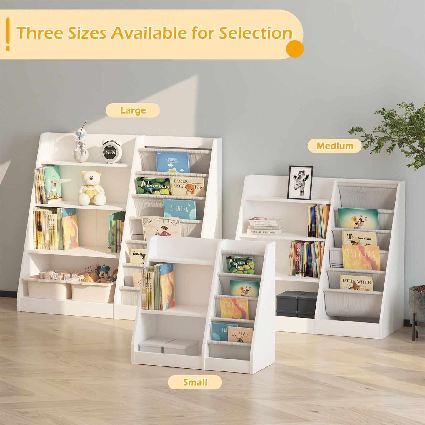 White Kids Bookshelf Wood Toy Storage Organizer Cabinet Children Bookcase Toddler Baby Sling Book Rack 3 Cube Bins Fabric Drawers for Playroom Bedroom Nursery School