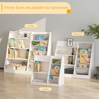 White Kids Bookshelf Wood Toy Storage Organizer Cabinet Children Bookcase Toddler Baby Sling Book Rack 3 Cube Bins Fabric Drawers for Playroom Bedroom Nursery School