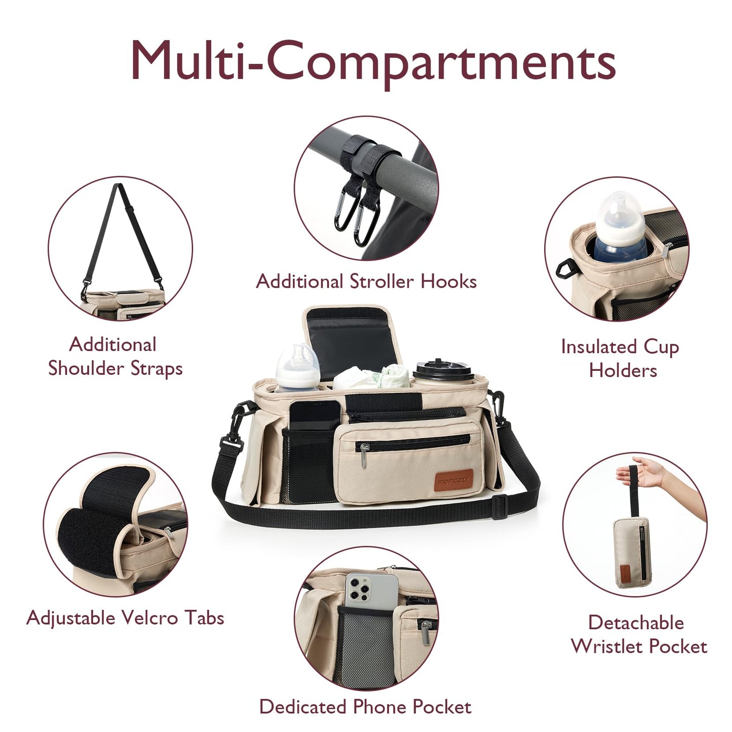 Momcozy Universal Stroller Organizer, 2 Insulated Cup Holders, Removable Zip Pocket, Adjustable Straps, Large Capacity Baby Essentials Compact Design, Fits Any Stroller (Multicolor)