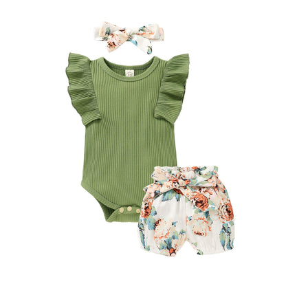 Tiny Cutey Baby Girl Clothes Infant Summer Outfits Set Ruffle Sleeve Romper and Floral Shorts with Headband