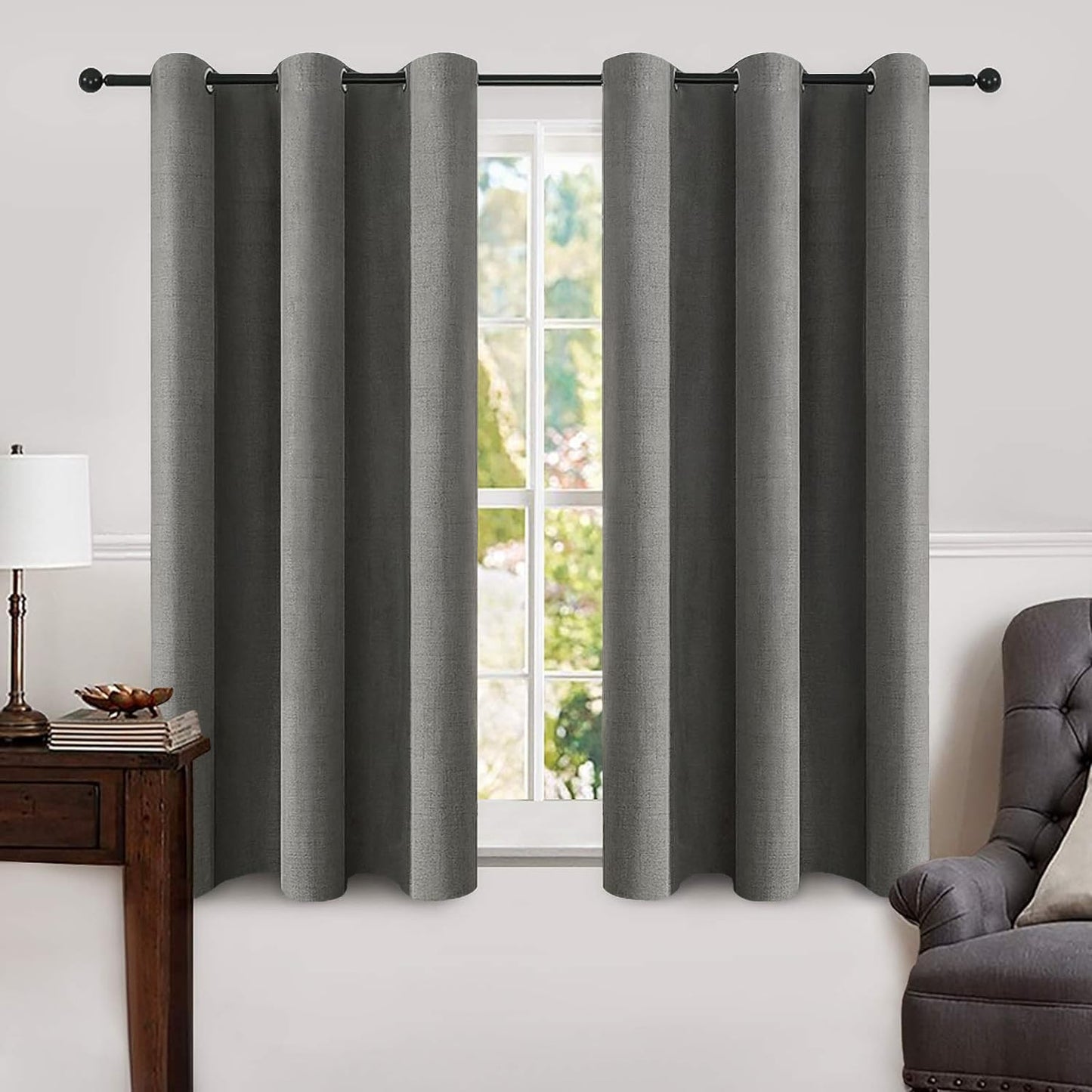 MIULEE 100% Blackout Linen Textured Curtains for Bedroom Solid Thermal Insulated Natural Beige Grommet Room Darkening Curtains & Drapes Luxury Decor for Living Room Nursery 52 x 84 Inch (2 Panels)