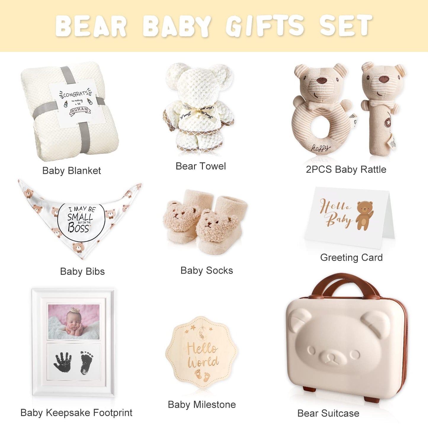 Baby Gift Set, Baby Shower Gifts for Girls Boys, Bear New Baby Gift Basket Include Newborn Rattle Blanket Wooden Keepsake Milestone Cute Bibs Socks Greeting Card, Baby Gift Essentials Stuff
