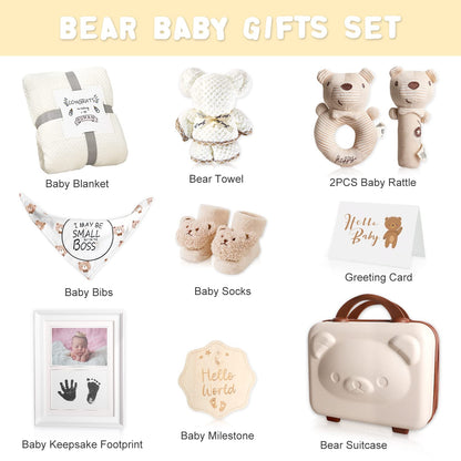 Baby Gift Set, Baby Shower Gifts for Girls Boys, Bear New Baby Gift Basket Include Newborn Rattle Blanket Wooden Keepsake Milestone Cute Bibs Socks Greeting Card, Baby Gift Essentials Stuff