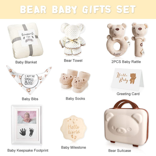 Baby Gift Set, Baby Shower Gifts for Girls Boys, Bear New Baby Gift Basket Include Newborn Rattle Blanket Wooden Keepsake Milestone Cute Bibs Socks Greeting Card, Baby Gift Essentials Stuff
