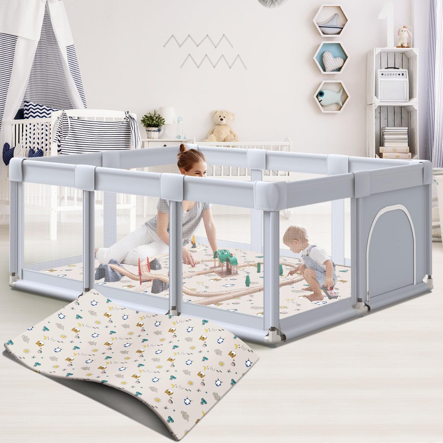 Baby Playpen 50x50 Inch, Play Pens for Babies and Toddlers Baby Fence Baby Play Yards for Indoor & Outdoor with Breathable Mesh Anti-Fall Playpen