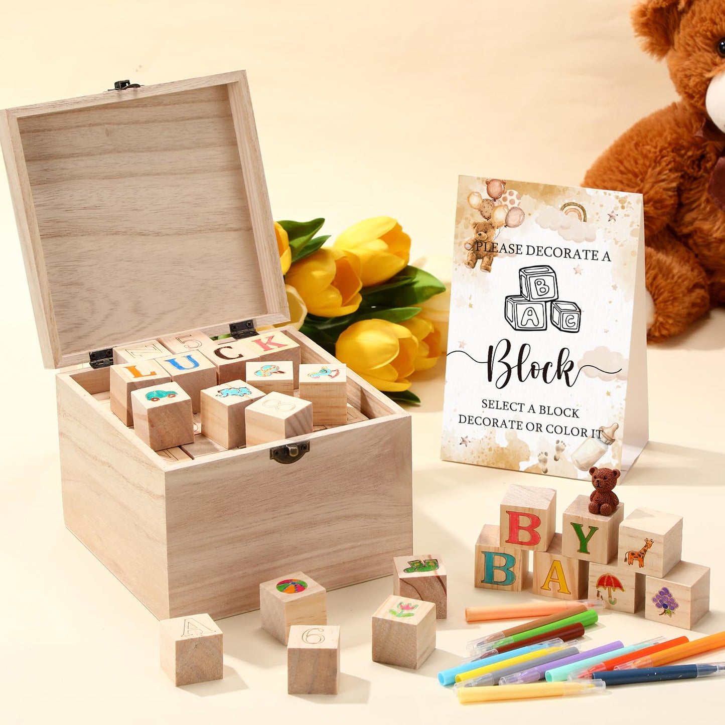 Marsui 136 Pcs Baby Shower Blocks to Decorate Game Kit Includes 98 Wooden Blocks, 36 Markers, 1 Game Sign, 1 Storage Box for Baby Shower Gender Reveal Activity Party Decorations(Pink Elephant)