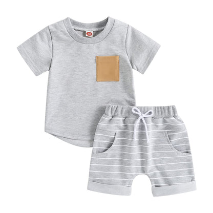 fhutpw Baby Toddler Boy Clothes Summer Outfits 6 12 18 24 Months Patchwork Short Sleeve T Shirt & Shorts Sets with Pockets