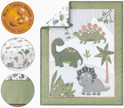 The Peanutshell 3 Piece Baby Crib Bedding Set for Boys - Newborn, Infant & Toddler Nursery Bed Set Decor with Fitted Crib Sheet, Dust Ruffle Comforter - Dinosaur Dreams