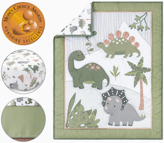 The Peanutshell 3 Piece Baby Crib Bedding Set for Boys - Newborn, Infant & Toddler Nursery Bed Set Decor with Fitted Crib Sheet, Dust Ruffle Comforter - Dinosaur Dreams