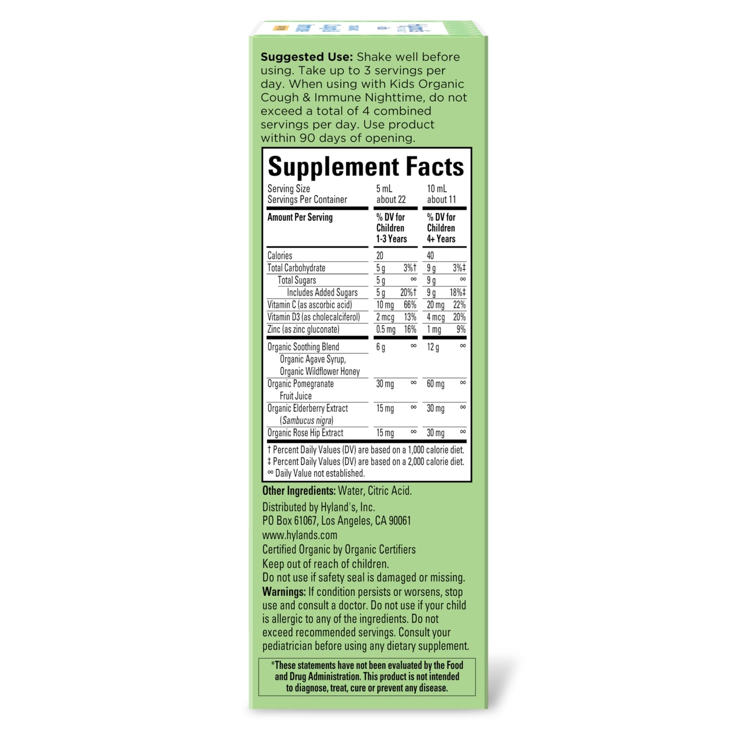 Hyland's Kids Nighttime Organic Cough Syrup and Immune Support with Agave, Elderberry and Pomegranate, Soothes Cough, and Supports Immunity, 4 Fl. Oz.