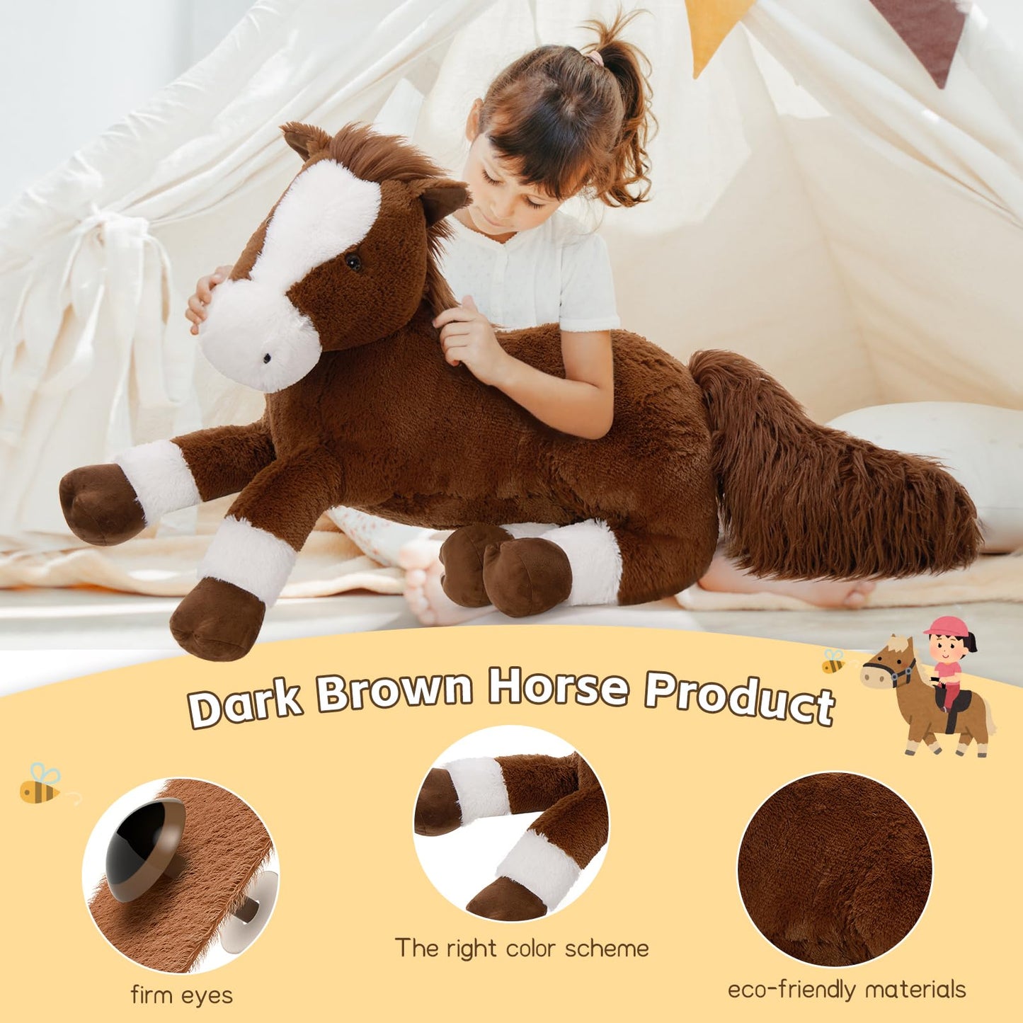 Tezituor 47 Inch Giant Horse Stuffed Animal, 4ft Realistic Chocolate Stuffed Horse Plush Toy, Hugging Soft Horse Pony Plush Pillow for Boys Girls,