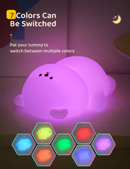 Nursery Night Light, RGB Bunny with 7 Colors & 3 Dim Levels, Rechargeable Silicone, Room Decor & Kids Gift