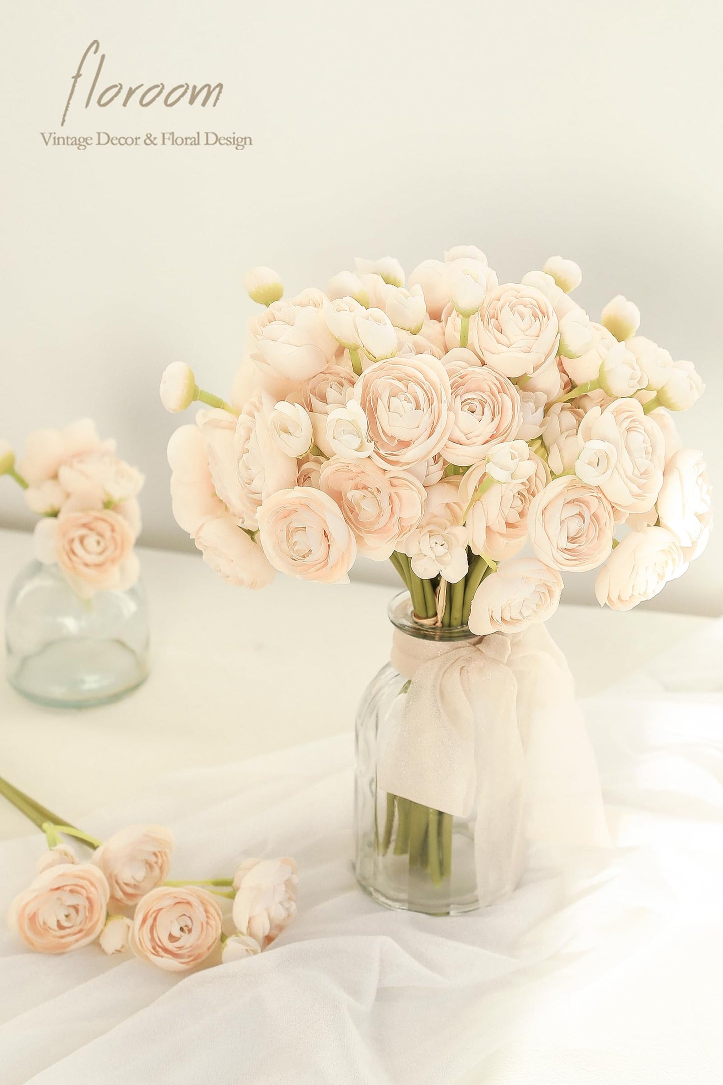 Floroom Ranunculus Artificial Flowers 18 Pcs Blush Faux Silk Mini Ranunculus Bulk Fake Wedding Filler Flowers for DIY Pink Bouquets, Centerpieces, Bridal Shower Decorations & Arrangements