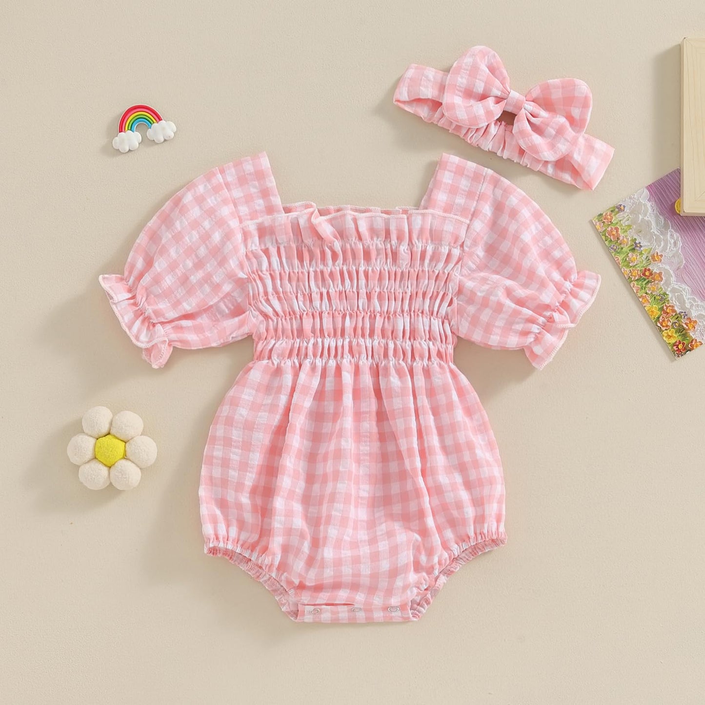 Infant Baby Girls Romper Ruffle Sleeve Pleated Smocked Bubble Plaid One Piece Ruched Jumpsuit Summer Bodysuit